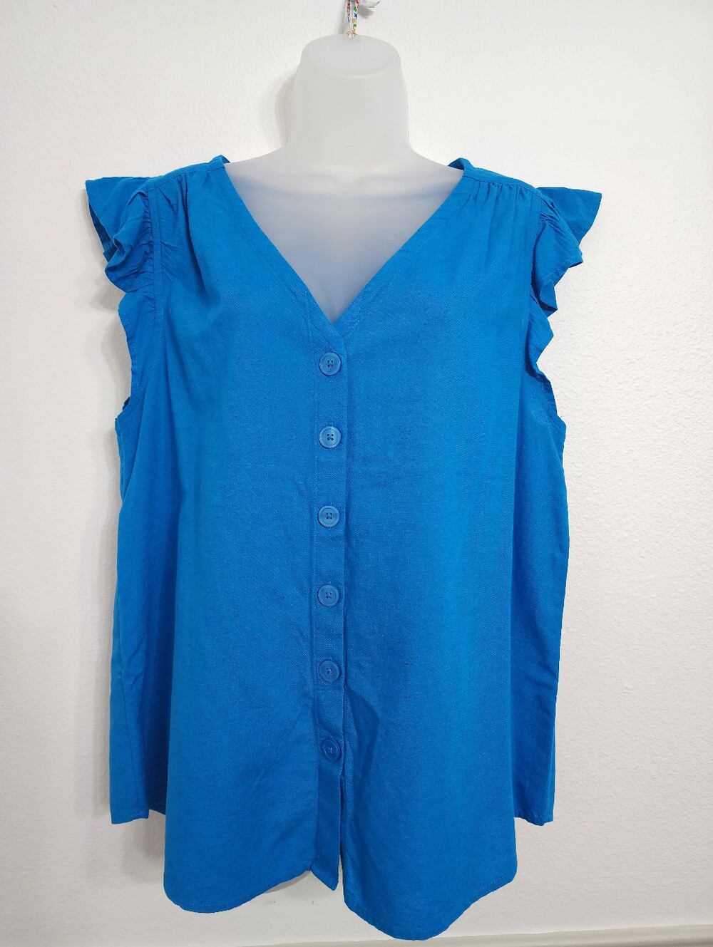 St. Johns Bay Blue Button-Front Ruffle Sleeve Women's Top